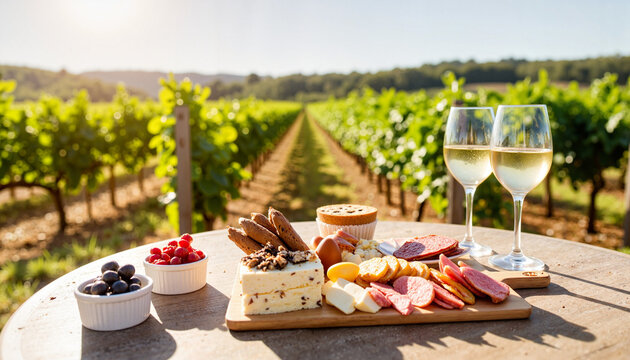 Charming vineyard charcuterie board with desserts, inviting indulgence