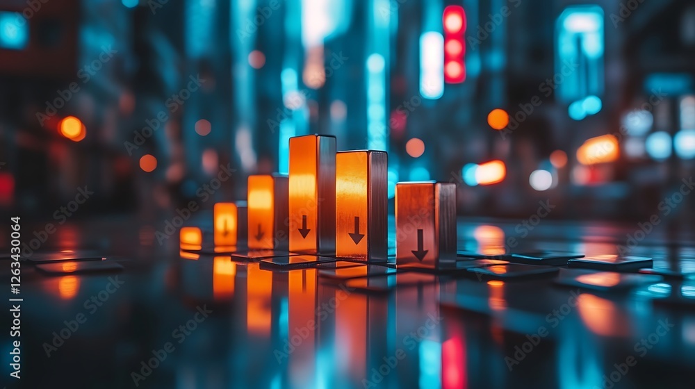 Poster illuminated bar graph with downward arrows reflecting on a glossy surface at night.