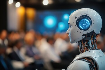 A robot sits among people in a crowd, ready to present or communicate