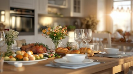 traditional Easter feast on a large wooden table, featuring hot cross buns, roasted lamb, colorful eggs, and floral decorations in a warmly lit dining room