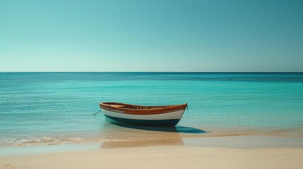 Naklejka premium Tranquil Seascape with Lone Boat on Serene Blue Water Horizon