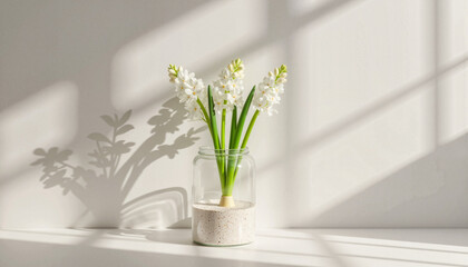 Blooming white hyacinths in glass terrarium, modern minimalism