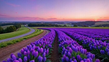 Serene hyacinth flowers along winding countryside road at dusk, tranquility