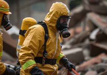 Hazmat workers in protective suits and gas masks at disaster site. Emergency response team handling chemical spill or biohazard. Safety equipment for dangerous materials.