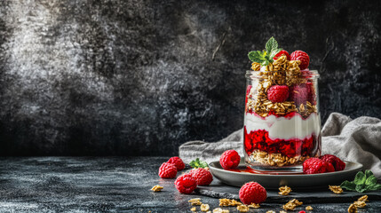 Delicious greek yogurt parfait with fresh raspberries and granola on rustic background