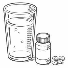 Glass of water sits beside spilled pills and bottle. Medical illustration emphasizes proper medication consumption. Concept: pharmacy, healthcare provider, patient care