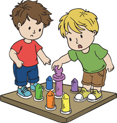 Vector Illustration of Two Curious Boys Playing with a Colorful Puzzle - Isolated Concept of Early Childhood Learning and Problem Solving