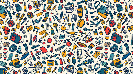 Naklejka premium Colorful illustration of various office supplies scattered across a light background, ideal for educational use
