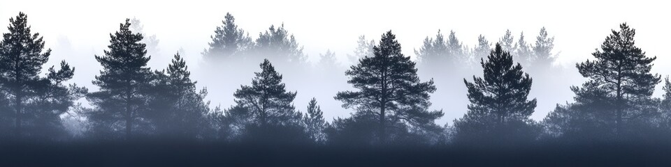 A group of trees stand tall in the misty fog, their silhouettes shrouded in mystery