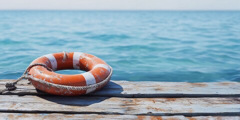 Obraz premium Lifebuoy on weathered dock, calm sea background; safety, hope concept
