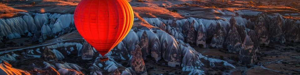 Obraz premium A hot air balloon soaring above rugged terrain, ideal for adventure and travel themes