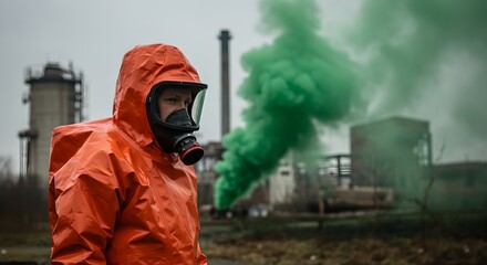 Hazmat worker in orange protective suit facing green toxic smoke at industrial site. Chemical spill response, environmental hazard, and safety protocols in action.