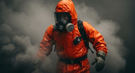 Obraz premium Hazmat worker in orange protective suit and gas mask navigating through toxic smoke. Chemical spill emergency response and hazardous material handling safety concept.