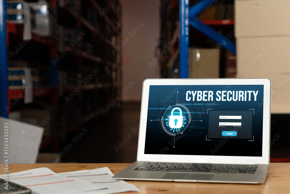 Poster cyber security system on computer screen protect private information snugly from hacker and cyber at
