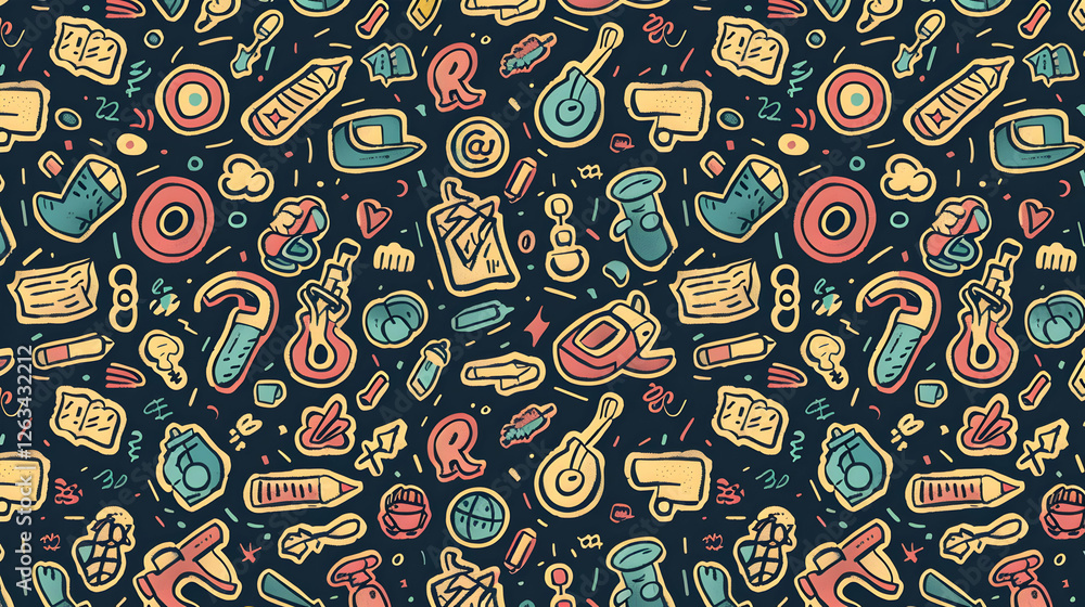 Aufkleber colorful doodle pattern featuring various playful objects and symbols on a dark background