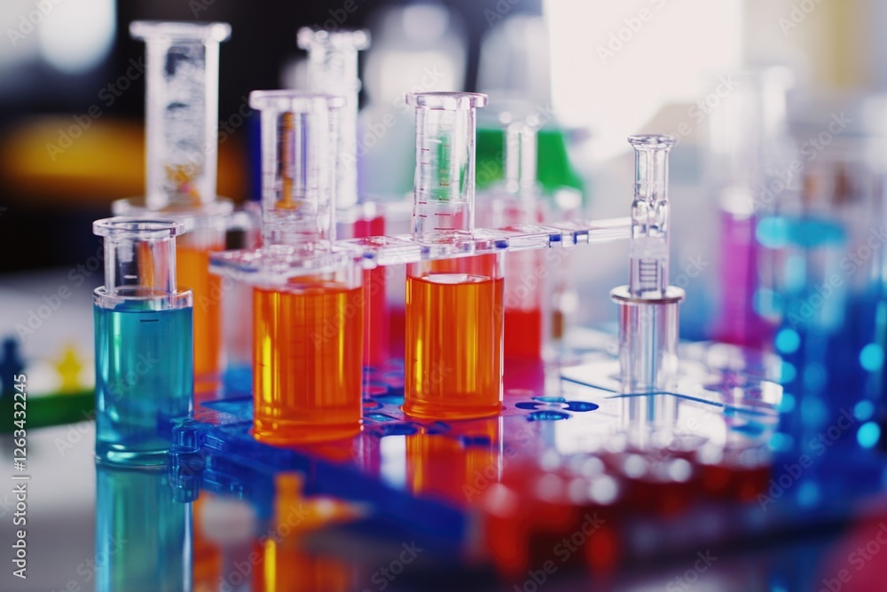 Poster close-up view of multiple test tubes on a table, ideal for science and laboratory-related projects