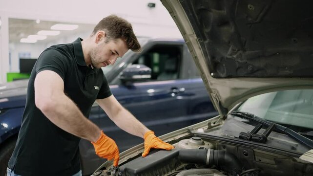 Mechanic inspecting car engine compartment in auto repair shop