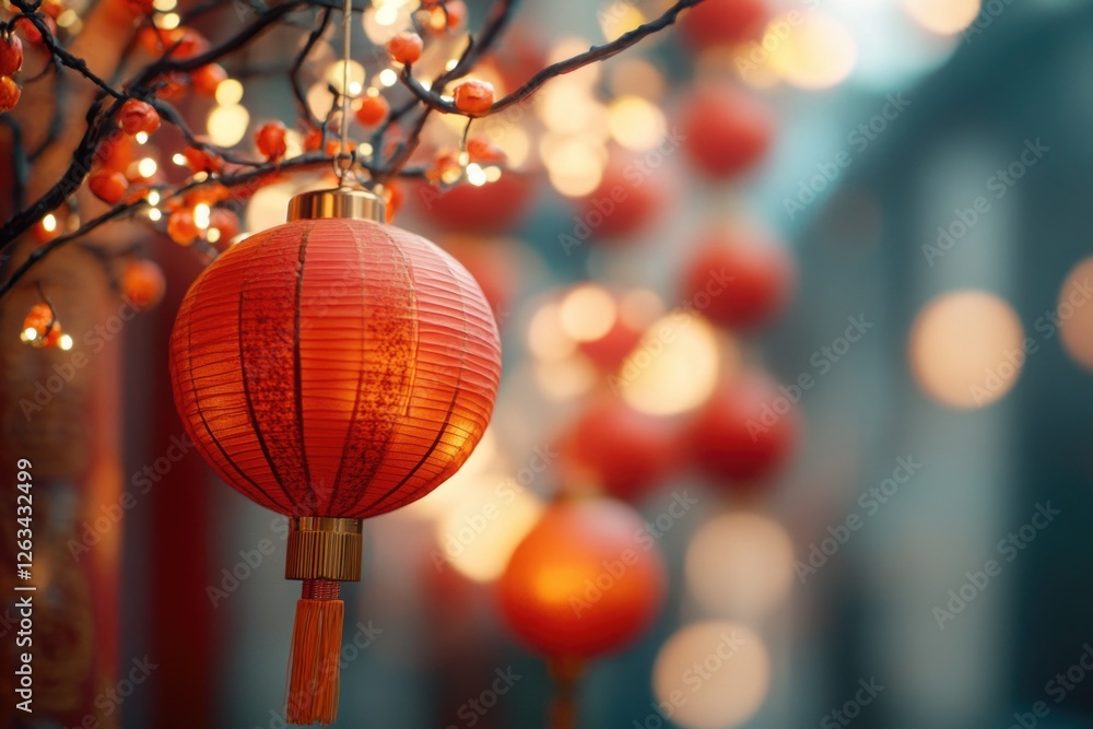 Poster A cluster of bright red lanterns hangs from a tree branch, perfect for decoration or illumination