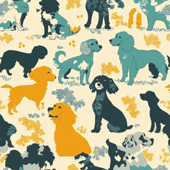 A vintage-inspired pet illustration featuring silhouettes of different breeds of dogs, like collies, poodles, and beagles, with a retro color palette of mustard yellow, teal, and cream.