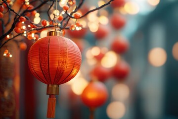 Obraz premium A cluster of bright red lanterns hangs from a tree branch, perfect for decoration or illumination