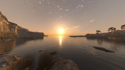 Dreamy Seascape at Sunset with Sparkling Constellations Under a Vivid Sky