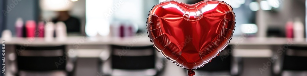 Poster A single red heart-shaped balloon floating in the air, tied to a string