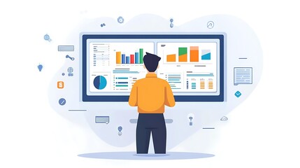 Person reviewing data analytics on a large computer screen displaying charts and graphs.