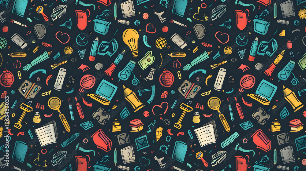 Poster colorful pattern of various everyday objects and symbols on a dark background, ideal for creative pr