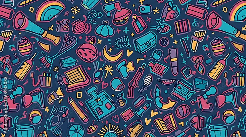 Poster colorful pattern featuring various playful doodles of objects and symbols on a dark background