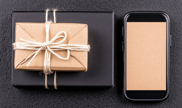 Modern gift packaging with a beautifully wrapped parcel next to a smartphone on a textured black background ideal for promotions and online shopping