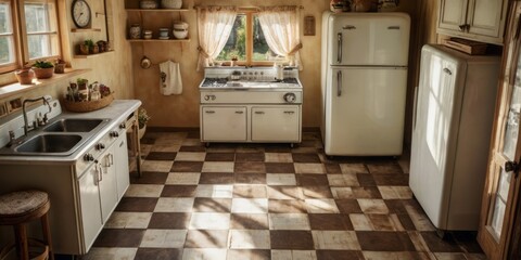 Vintage Kitchen Featuring Retro Appliances and Checkered Floor