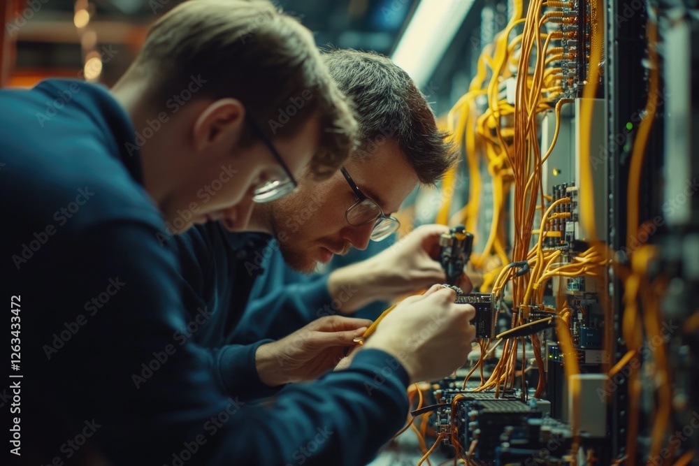 Poster it technicians working together on servers in a controlled environment
