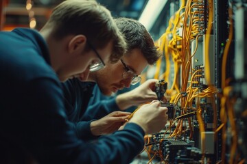 IT technicians working together on servers in a controlled environment