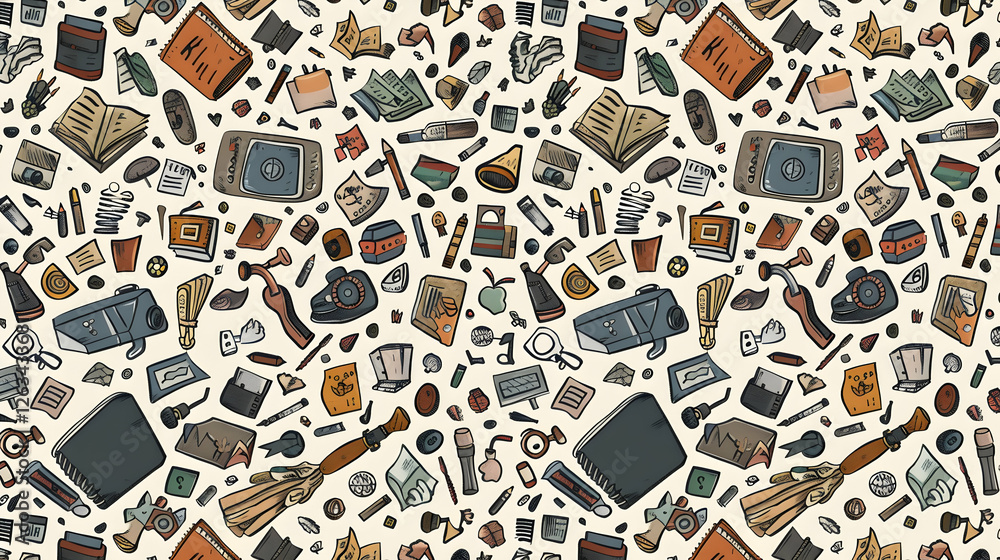 Poster a vibrant collage of various artistic tools and objects scattered across a textured background