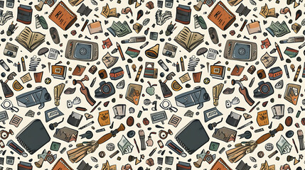 Fototapeta premium A vibrant collage of various artistic tools and objects scattered across a textured background