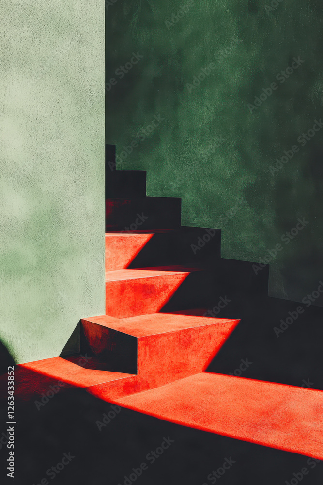 Poster exploring modern staircase design with bold colors and playful shadows in architectural interior spa