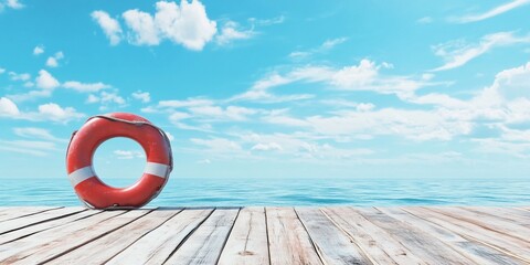Lifebuoy on wooden dock, ocean view, sunny sky