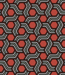 Abstract ornamental grid with a honeycomb hexagonal structure. A lattice of interwoven white and grey lines on an orange background. Seamless geometric pattern. Vector illustration.