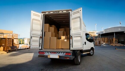 Large white truck its back door open loading Optimizing Delivery: Boxes Packed