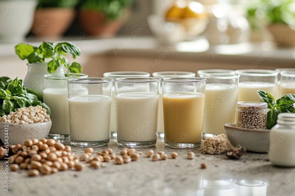 Poster Table filled with various types of milk for selection and comparison
