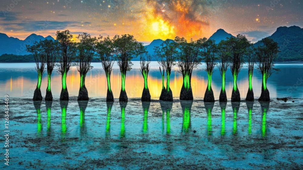 Poster ethereal panoramic view of the milky way reflected in still waters with glowing trees at twilight