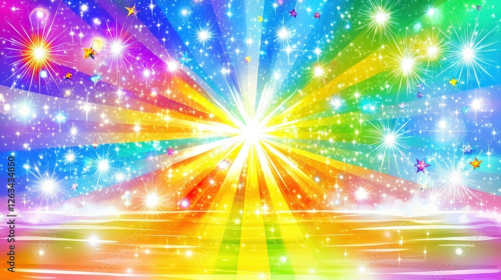 Poster reflective ocean blending with sky filled with galaxy elements and colorful sparkles in vibrant patt