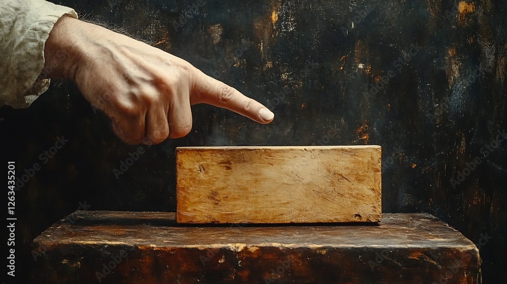 Poster hand pointing at a rustic wooden block on a dark background.