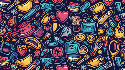Naklejka premium Colorful doodle pattern featuring various food items, tools, and playful objects on dark background