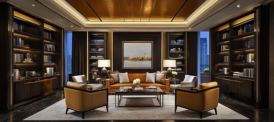 A luxurious private library with dark wood furnishings, cozy seating, and elegant decor 