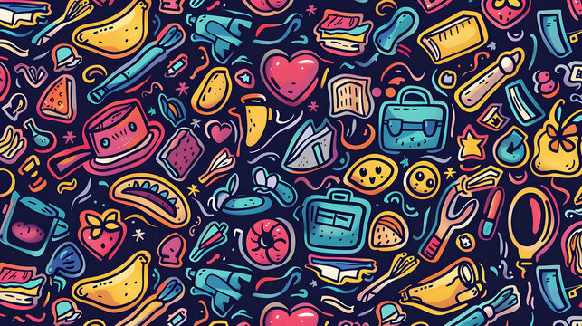 Colorful doodle pattern featuring various food items, tools, and playful objects on dark background