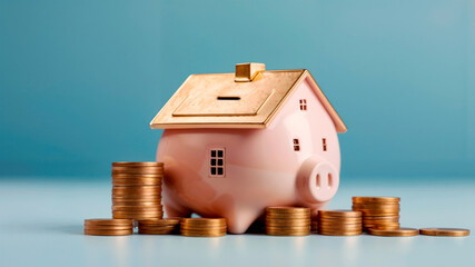Piggy bank in the shape of a house and coins around it on a blue background. Representing savings for the purchase of a home. Generated image