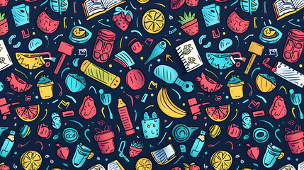 Naklejka premium Colorful pattern featuring various food items, kitchen tools, and fruits on a dark background