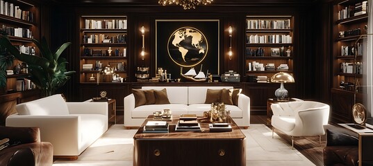 A luxurious private library with dark wood furnishings, cozy seating, and elegant decor 