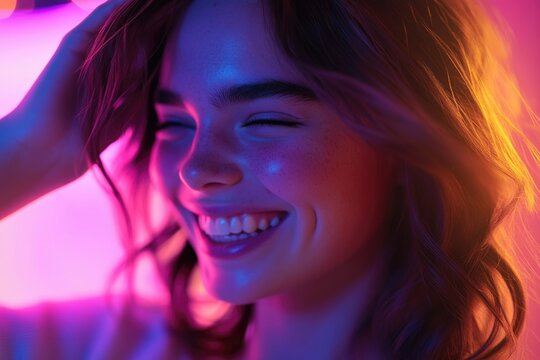 A person smiling while covering their face with their hair, great for self-care and mental health related content